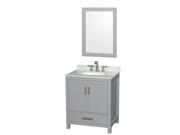 Wyndham Collection Sheffield 30 inch Single Bathroom Vanity in Gray White Carrera Marble Countertop Undermount Oval Sink and 24 inch Mirror