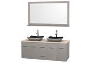 Wyndham Collection Centra 60 inch Double Bathroom Vanity in Gray Oak Ivory Marble Countertop Altair Black Granite Sinks and 58 inch Mirror