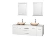Wyndham Collection Centra 72 inch Double Bathroom Vanity in Matte White White Carrera Marble Countertop Arista Ivory Marble Sinks and 24 inch Mirrors