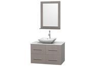 Wyndham Collection Centra 36 inch Single Bathroom Vanity in Gray Oak White Man Made Stone Countertop Avalon White Carrera Marble Sink and 24 inch Mirror
