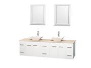 Wyndham Collection Centra 80 inch Double Bathroom Vanity in Matte White Ivory Marble Countertop Pyra White Porcelain Sinks and 24 inch Mirrors