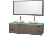 Wyndham Collection Amare 72 inch Double Bathroom Vanity in Gray Oak Green Glass Countertop Arista Ivory Marble Sinks and 70 inch Mirror