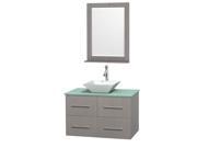 Wyndham Collection Centra 36 inch Single Bathroom Vanity in Gray Oak Green Glass Countertop Pyra White Porcelain Sink and 24 inch Mirror