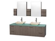 Wyndham Collection Amare 72 inch Double Bathroom Vanity in Gray Oak with Green Glass Top with Ivory Marble Sinks and Medicine Cabinets