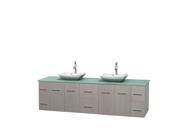 Wyndham Collection Centra 80 inch Double Bathroom Vanity in Gray Oak Green Glass Countertop Avalon White Carrera Marble Sinks and No Mirror