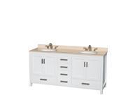 Wyndham Collection Sheffield 72 inch Double Bathroom Vanity in White Ivory Marble Countertop Undermount Oval Sinks and No Mirror