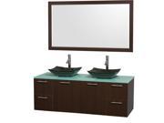 Wyndham Collection Amare 60 inch Double Bathroom Vanity in Espresso Green Glass Countertop Arista Black Granite Sinks and 58 inch Mirror