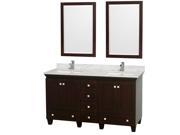 Wyndham Collection Acclaim 60 inch Double Bathroom Vanity in Espresso White Carrera Marble Countertop Undermount Square Sinks and 24 inch Mirrors