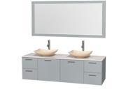 Wyndham Collection Amare 72 inch Double Bathroom Vanity in Dove Gray White Man Made Stone Countertop Arista Ivory Marble Sinks and 70 inch Mirror