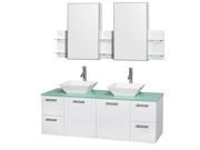 Wyndham Collection Amare 60 inch Double Bathroom Vanity in Glossy White Green Glass Countertop Pyra White Sinks and Medicine Cabinets