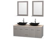 Wyndham Collection Centra 60 inch Double Bathroom Vanity in Gray Oak Ivory Marble Countertop Arista Black Granite Sinks and 24 inch Mirrors