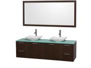 Wyndham Collection Amare 72 inch Double Bathroom Vanity in Espresso Green Glass Countertop Arista White Carrera Marble Sinks and 70 inch Mirror