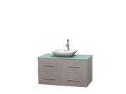 Wyndham Collection Centra 42 inch Single Bathroom Vanity in Gray Oak Green Glass Countertop Avalon White Carrera Marble Sink and No Mirror