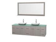 Wyndham Collection Centra 80 inch Double Bathroom Vanity in Gray Oak Green Glass Countertop Avalon White Carrera Marble Sinks and 70 inch Mirror