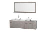 Wyndham Collection Centra 80 inch Double Bathroom Vanity in Gray Oak White Carrera Marble Countertop Pyra White Porcelain Sinks and 70 inch Mirror