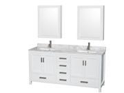 Wyndham Collection Sheffield 72 inch Double Bathroom Vanity in White White Carrera Marble Countertop Undermount Square Sinks and Medicine Cabinets