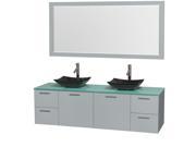 Wyndham Collection Amare 72 inch Double Bathroom Vanity in Dove Gray Green Glass Countertop Arista Black Granite Sinks and 70 inch Mirror