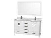 Wyndham Collection Sheffield 60 inch Double Bathroom Vanity in White White Carrera Marble Countertop Undermount Square Sinks and 58 inch Mirror