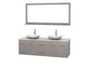 Wyndham Collection Centra 72 inch Double Bathroom Vanity in Gray Oak White Man Made Stone Countertop Arista White Carrera Marble Sinks and 70 inch Mirror