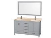 Wyndham Collection Sheffield 60 inch Double Bathroom Vanity in Gray Ivory Marble Countertop Undermount Square Sinks and 58 inch Mirror