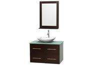 Wyndham Collection Centra 36 inch Single Bathroom Vanity in Espresso Green Glass Countertop Arista White Carrera Marble Sink and 24 inch Mirror
