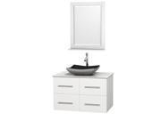 Wyndham Collection Centra 36 inch Single Bathroom Vanity in Matte White White Carrera Marble Countertop Altair Black Granite Sink and 24 inch Mirror