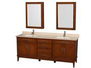 Wyndham Collection Hatton 80 inch Double Bathroom Vanity in Light Chestnut Ivory Marble Countertop Undermount Square Sinks and Medicine Cabinets