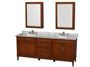 Wyndham Collection Hatton 80 inch Double Bathroom Vanity in Light Chestnut White Carrera Marble Countertop Undermount Oval Sinks and Medicine Cabinets
