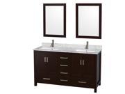 Wyndham Collection Sheffield 60 inch Double Bathroom Vanity in Espresso White Carrera Marble Countertop Undermount Square Sinks and 24 inch Mirrors