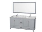 Wyndham Collection Sheffield 72 inch Double Bathroom Vanity in Gray White Carrera Marble Countertop Undermount Square Sinks and 70 inch Mirror