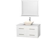 Wyndham Collection Centra 42 inch Single Bathroom Vanity in Matte White White Man Made Stone Countertop Pyra Bone Porcelain Sink and 36 inch Mirror