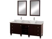 Wyndham Collection Premiere 72 inch Double Bathroom Vanity in Espresso White Carrera Marble Countertop Pyra White Porcelain Sinks and 24 inch Mirrors