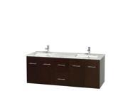 Wyndham Collection Centra 60 inch Double Bathroom Vanity in Espresso White Carrera Marble Countertop Undermount Square Sinks and No Mirror
