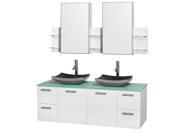 Wyndham Collection Amare 60 inch Double Bathroom Vanity in Glossy White Green Glass Countertop Altair Black Granite Sinks and Medicine Cabinets