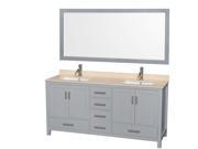 Wyndham Collection Sheffield 72 inch Double Bathroom Vanity in Gray Ivory Marble Countertop Undermount Square Sinks and 70 inch Mirror