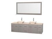 Wyndham Collection Centra 80 inch Double Bathroom Vanity in Gray Oak Ivory Marble Countertop Pyra Bone Porcelain Sinks and 70 inch Mirror