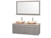 Wyndham Collection Centra 60 inch Double Bathroom Vanity in Gray Oak Ivory Marble Countertop Arista Ivory Marble Sinks and 58 inch Mirror