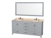 Wyndham Collection Sheffield 72 inch Double Bathroom Vanity in Gray Ivory Marble Countertop Undermount Oval Sinks and 70 inch Mirror