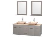 Wyndham Collection Centra 60 inch Double Bathroom Vanity in Gray Oak Ivory Marble Countertop Avalon Ivory Marble Sinks and 24 inch Mirrors