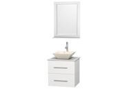 Wyndham Collection Centra 24 inch Single Bathroom Vanity in Matte White White Carrera Marble Countertop Pyra Bone Porcelain Sink and 24 inch Mirror