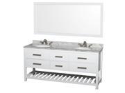 Wyndham Collection Natalie 72 inch Double Bathroom Vanity in White White Carrera Marble Countertop Undermount Oval sinks and 70 inch Mirror