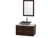 Wyndham Collection Amare 36 inch Single Bathroom Vanity in Espresso with White Man Made Stone Top with Black Granite Sink and 24 inch Mirror