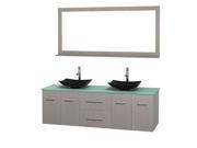 Wyndham Collection Centra 72 inch Double Bathroom Vanity in Gray Oak Green Glass Countertop Arista Black Granite Sinks and 70 inch Mirror