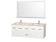 Wyndham Collection Centra 60 inch Double Bathroom Vanity in Matte White Ivory Marble Countertop Square Porcelain Undermount Sinks and 58 inch Mirror