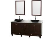Wyndham Collection Acclaim 72 inch Double Bathroom Vanity in Espresso White Carrera Marble Countertop Arista Black Granite Sinks and 24 inch Mirrors