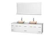 Wyndham Collection Centra 80 inch Double Bathroom Vanity in Matte White White Carrera Marble Countertop Avalon Ivory Marble Sinks and 70 inch Mirror