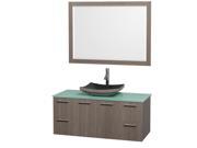 Wyndham Collection Amare 48 inch Single Bathroom Vanity in Gray Oak with Green Glass Top with Black Granite Sink and 46 inch Mirror