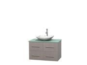 Wyndham Collection Centra 36 inch Single Bathroom Vanity in Gray Oak Green Glass Countertop Arista White Carrera Marble Sink and No Mirror