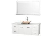 Wyndham Collection Centra 60 inch Single Bathroom Vanity in Matte White White Carrera Marble Countertop Avalon Ivory Marble Sink and 58 inch Mirror