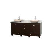 Wyndham Collection Acclaim 72 inch Double Bathroom Vanity in Espresso White Carrera Marble Countertop Avalon Ivory Marble Sinks and No Mirrors
